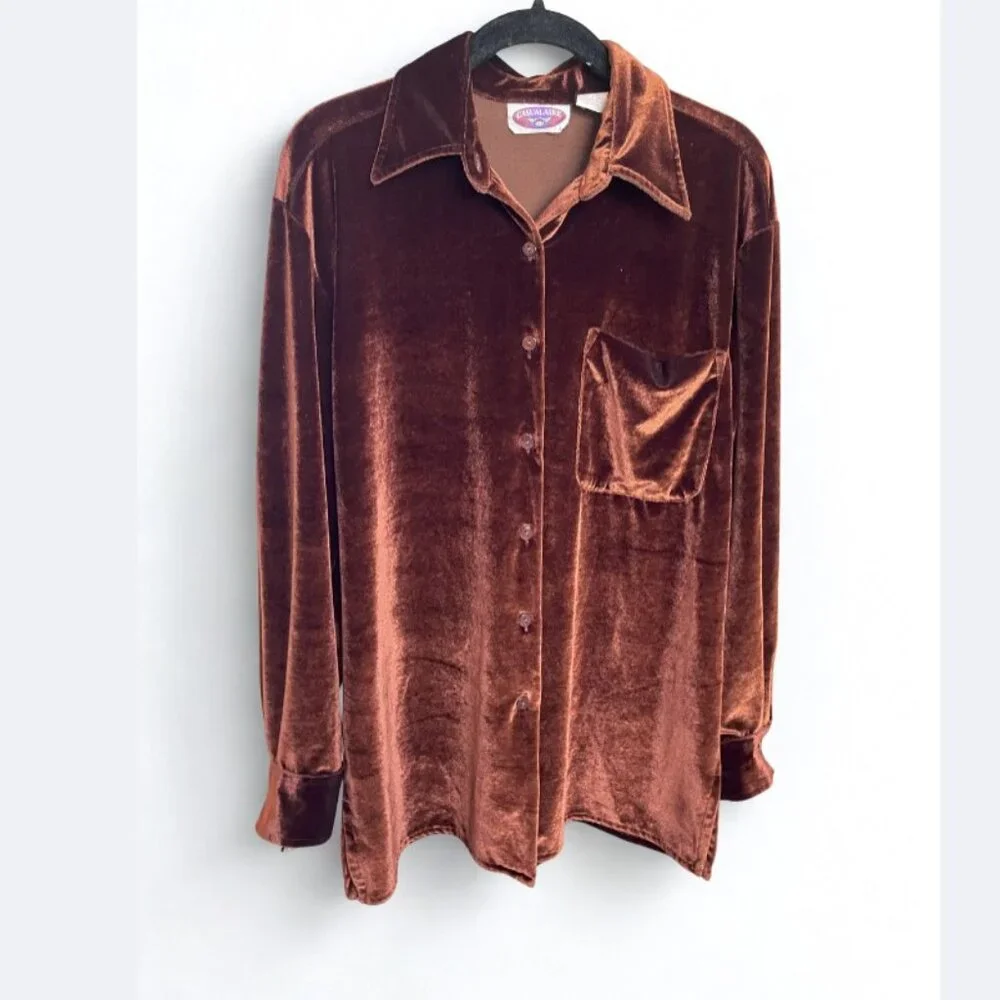 Vintage 90s Velvet Button Down Shirt Brown Oversized Casualaire Size M - Picture 2 of 6